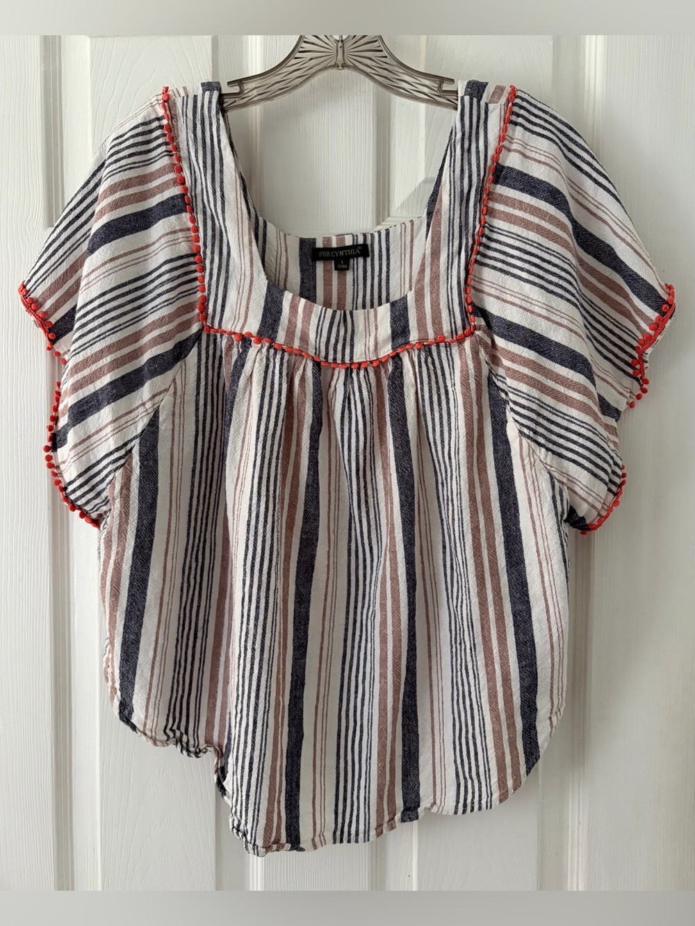 For Cynthia Striped Scoop Neck Blouse in Navy, Brown, White with Red Trim